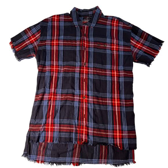 True Religion Shirt Men's M Button Down Raw Edge Slouch Red Blue Plaid Patriotic - Picture 1 of 11